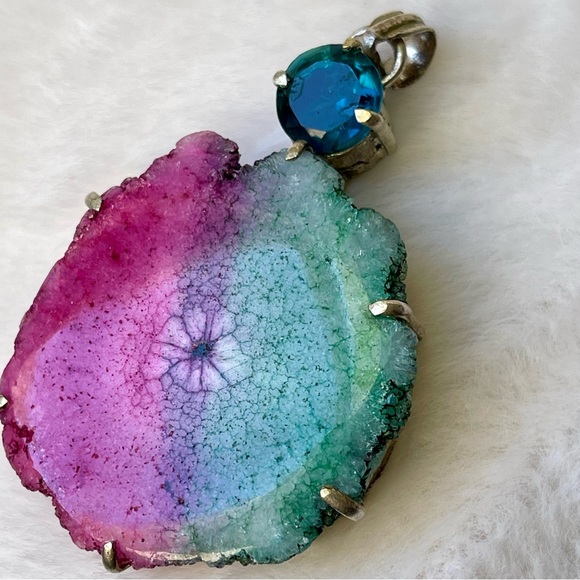 Rainbow Solar Quartz Crystal Silver Tone Large Pendant Blue Glass Stone - Picture 4 of 7